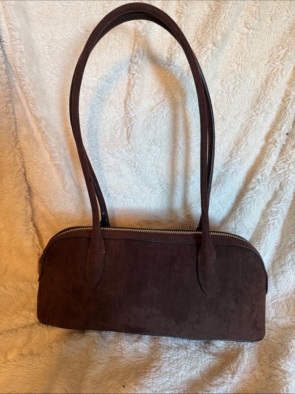 A New Day Brown Faux Suede Baguette Shoulder Bag Gold Zipper Minimalist Chic Y2K